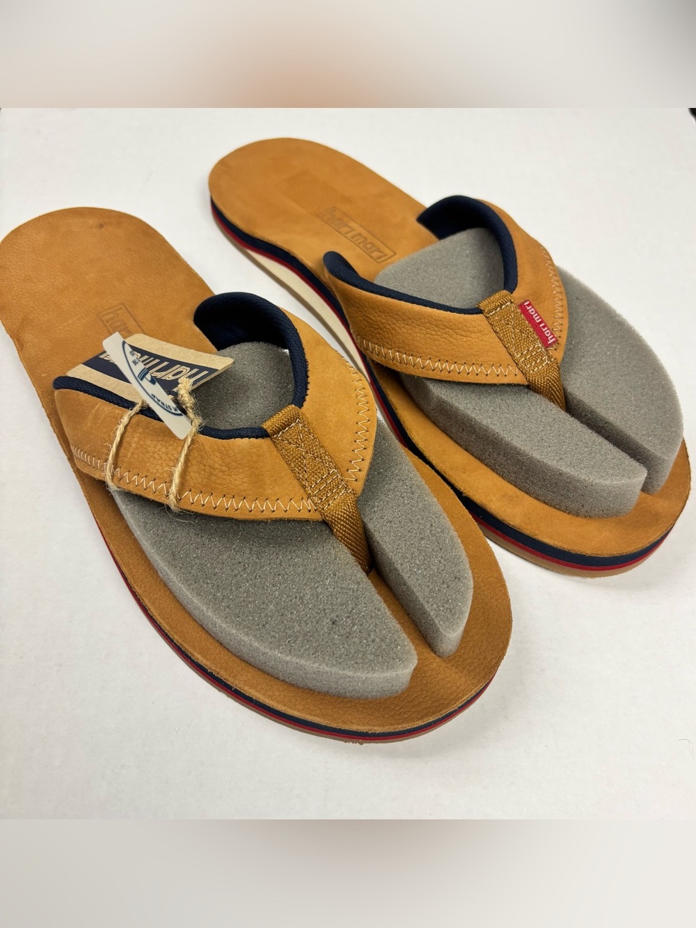 NWT Hari Mari Pier Tan Leather Memory Foam Strap Flip Flop Made In Mexico Sz 14
